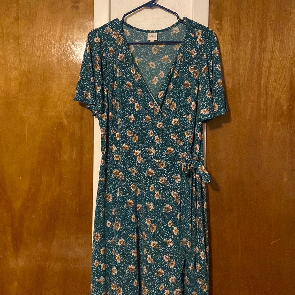 Beautiful work/day dress green with brownish flowers. Great dinner date dress.